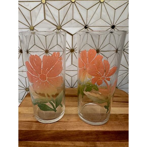 Vintage Federal Glass Cosmos Pink, Peach Flower Glasses | Set of 2‎ - Picture 1 of 7